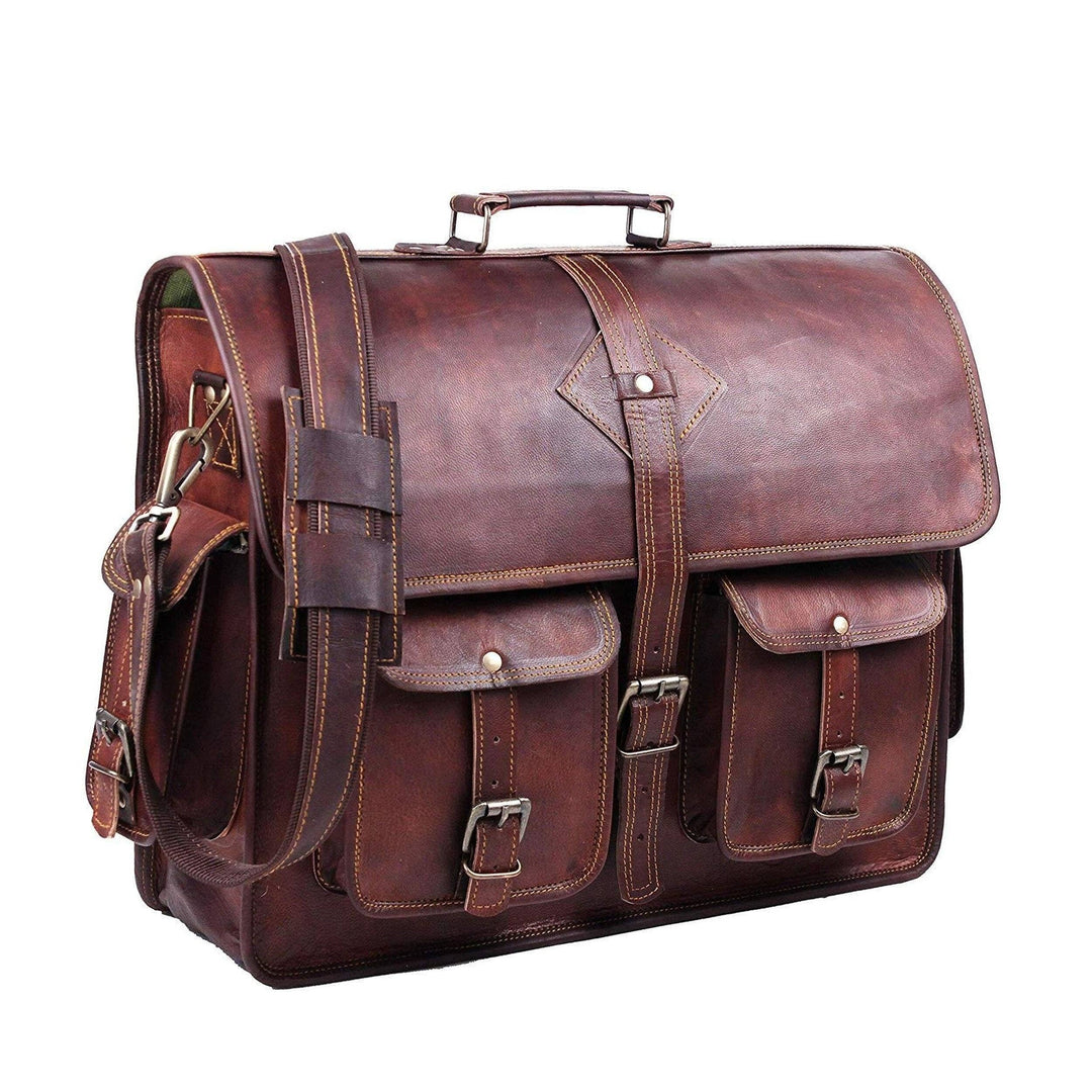 Brown leather satchel briefcase with flap, buckle straps, and side latch details
