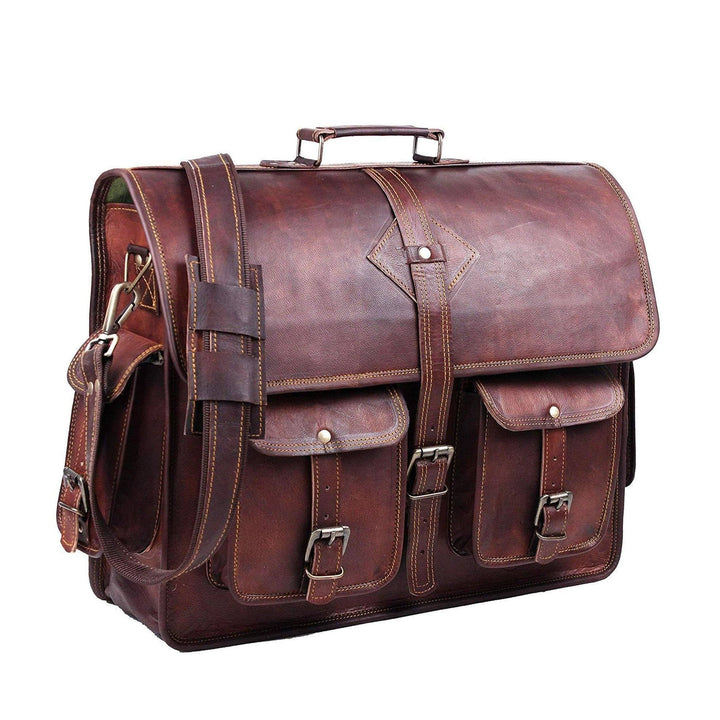 Brown leather satchel briefcase with flap, buckle straps, and side latch details