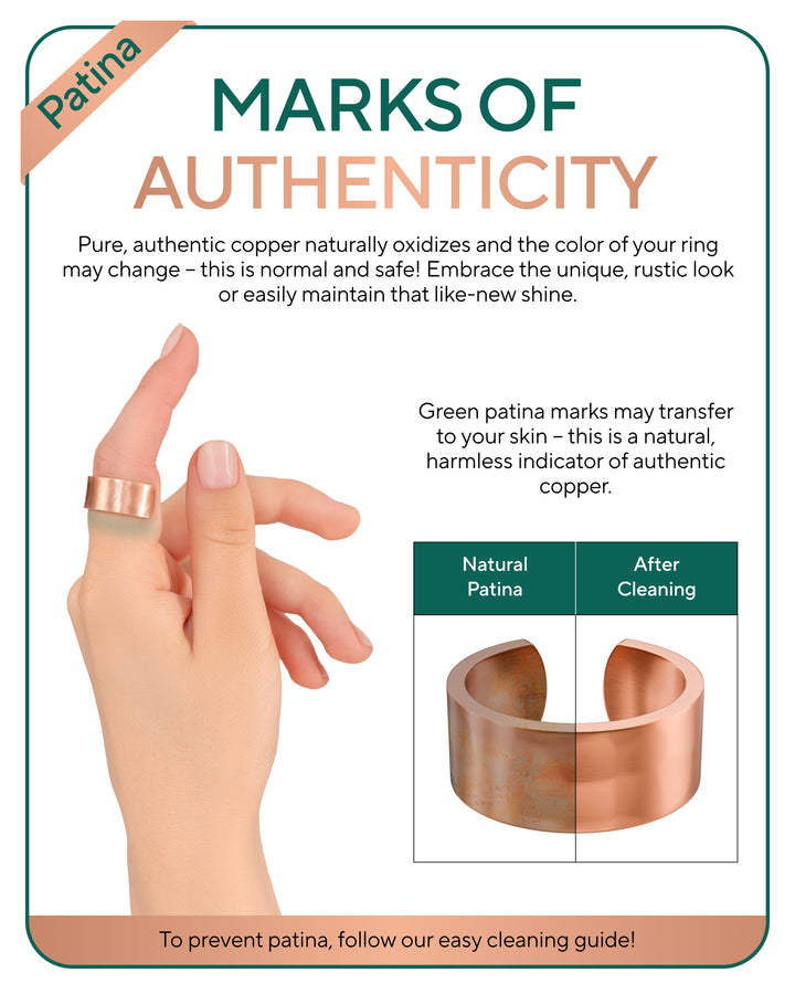 Copper open-cuff ring with natural patina look, wide hammered band