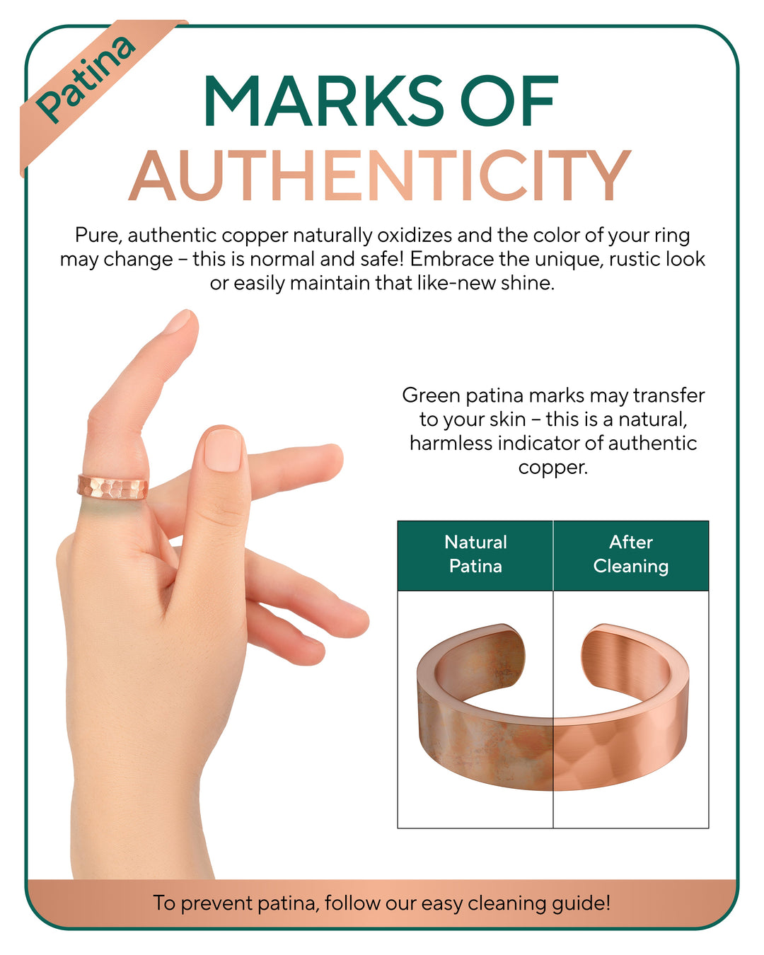 Copper hammered rings on fingers, infographic highlights natural patina