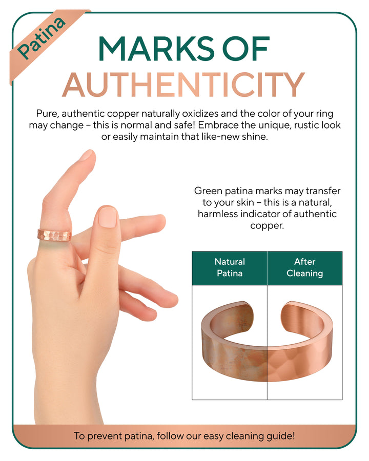 Copper hammered rings on fingers, infographic highlights natural patina
