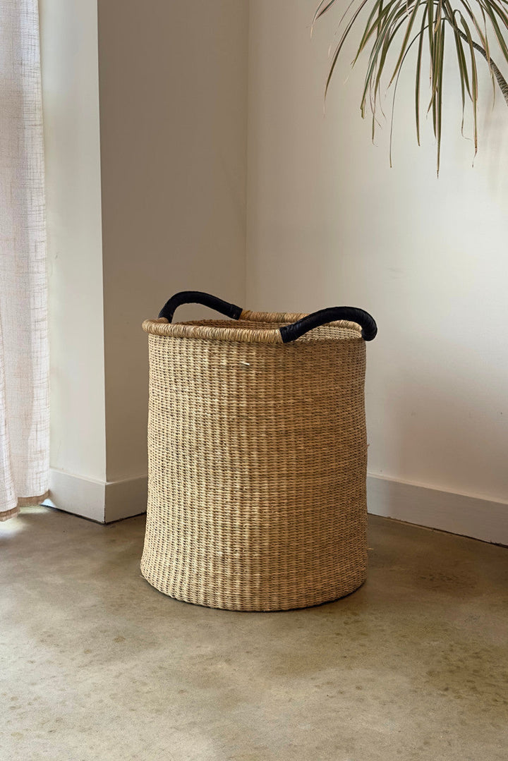 Woven pot basket with double handles, light tan with black rope handles
