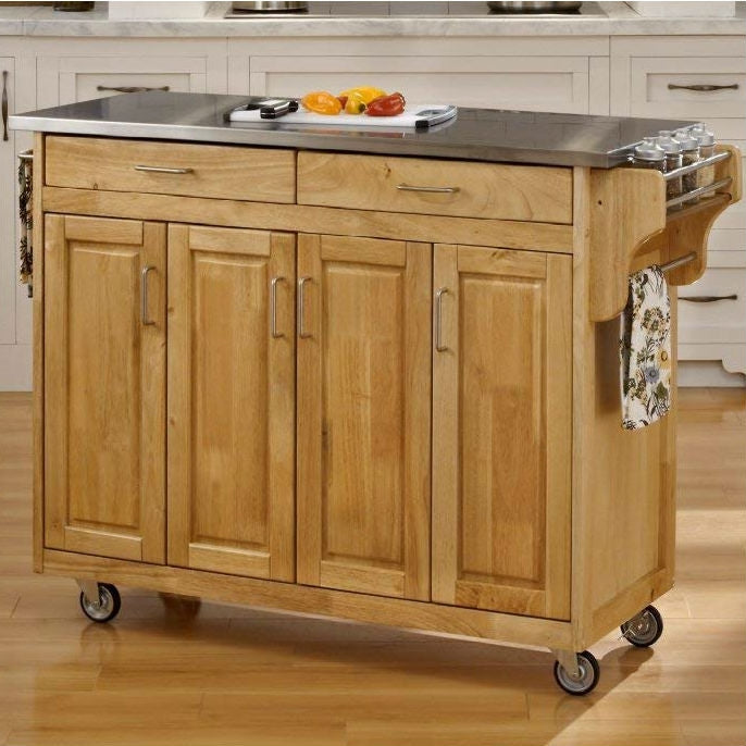 Hardwood Kitchen Island Cart with Stainless Steel Top