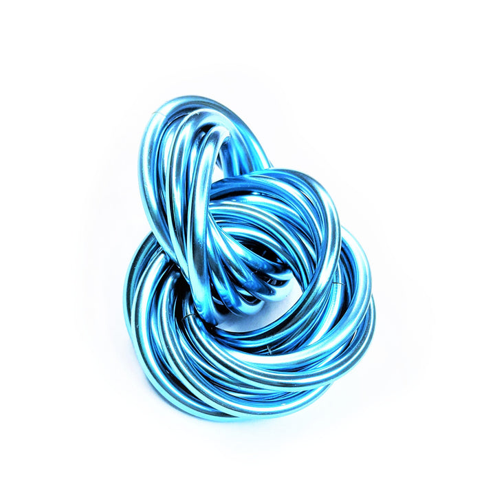 Bright blue metallic stress ball fidget toy with a twisted spiral coil