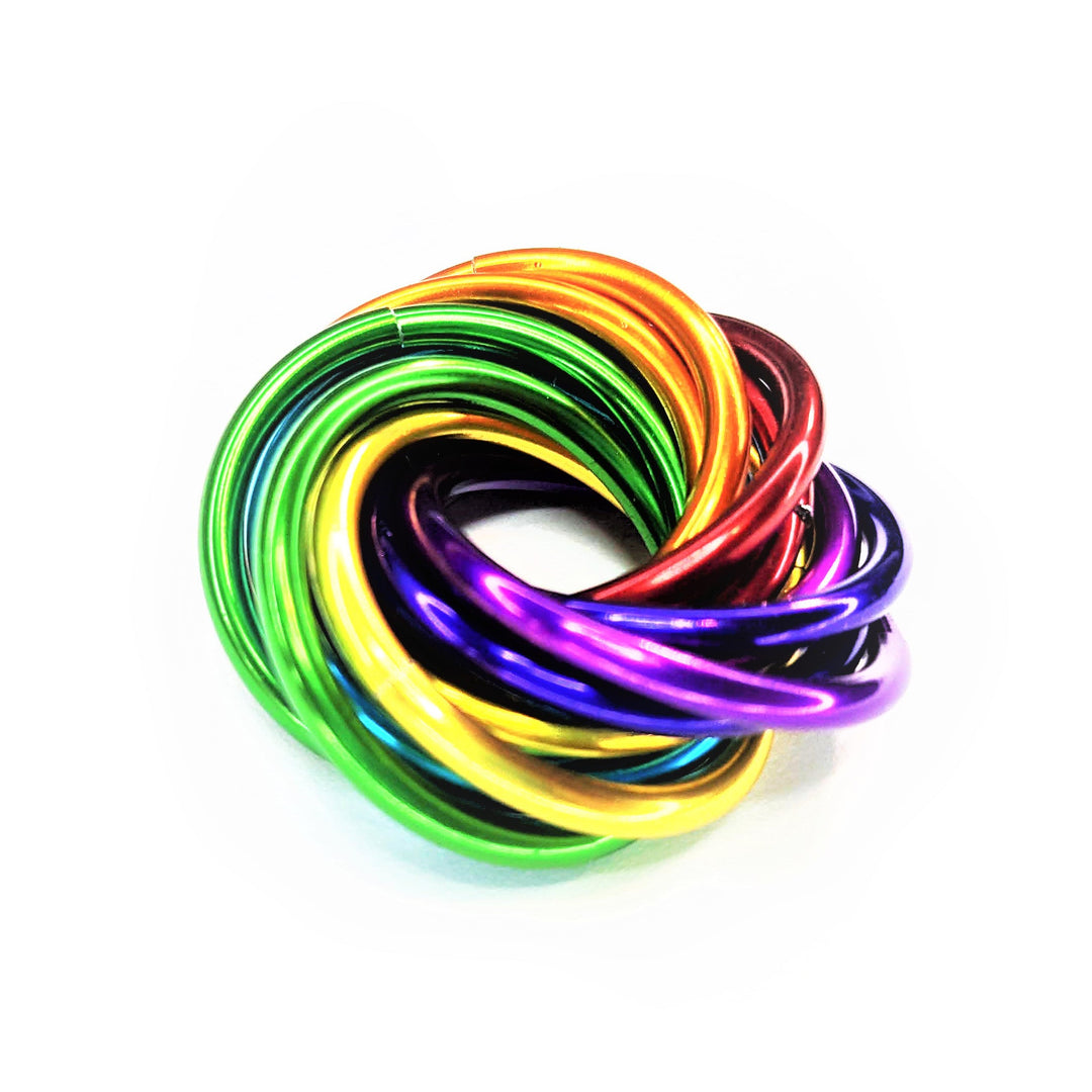 Shiny multicolor ring fidget stress ball, iridescent rainbow rings in a round swirl