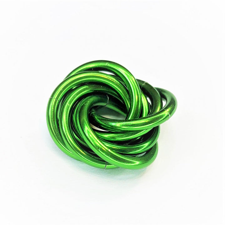 Metallic green twisted stress ball fidget toy, coiled rings shape