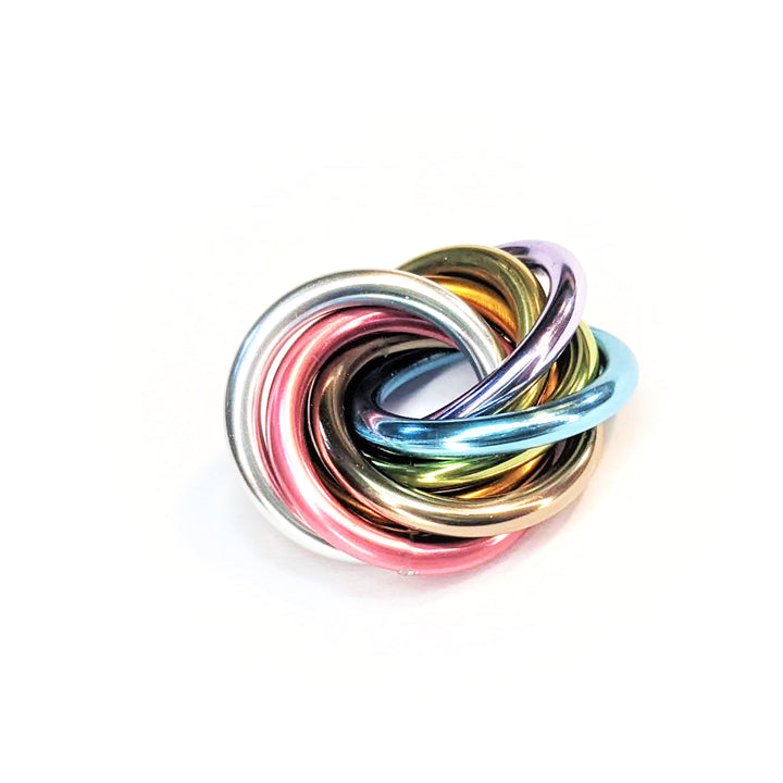 Shiny multicolor fidget stress ball with coiled metallic rainbow loops
