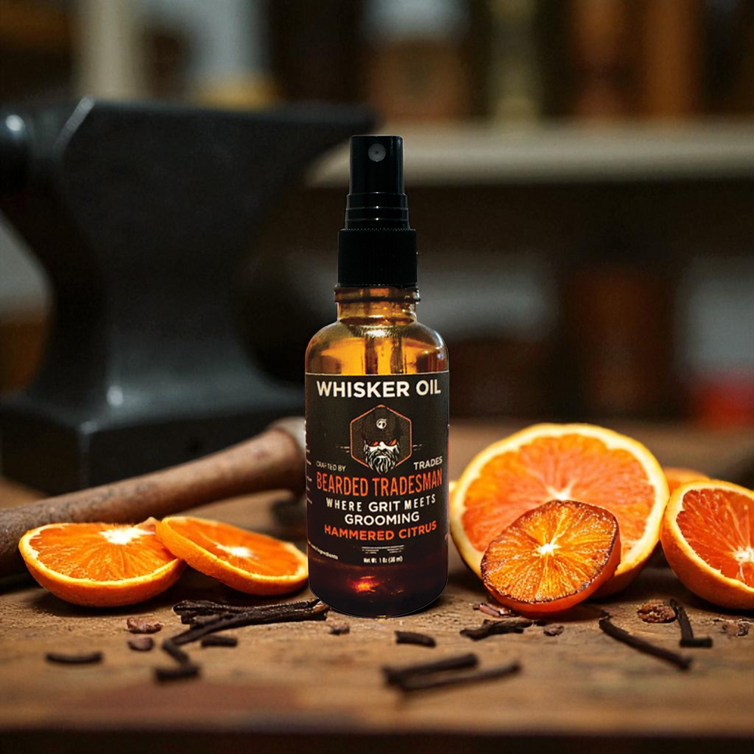 Whisker oil bottle with amber liquid and citrus slices on wood surface