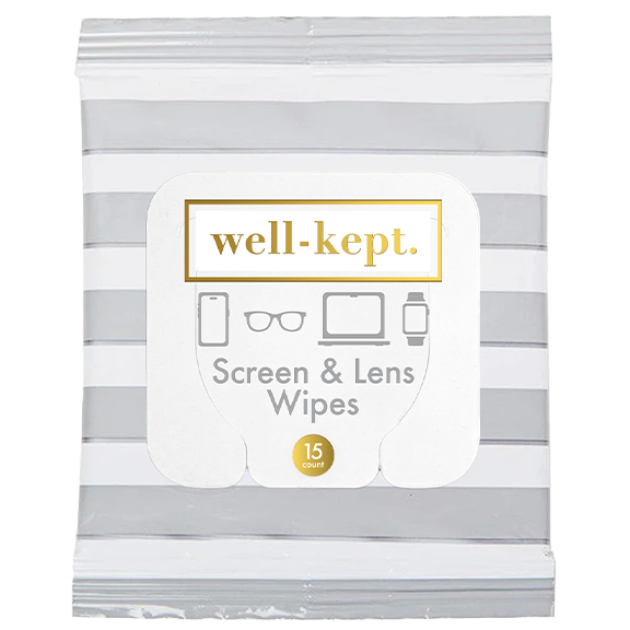 Screen &amp; lens wipes tub with white and gray striped packaging, well-kept. label