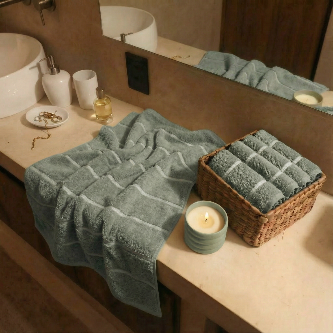 Sage-green cotton towels with white stripe pattern folded on a bathroom vanity