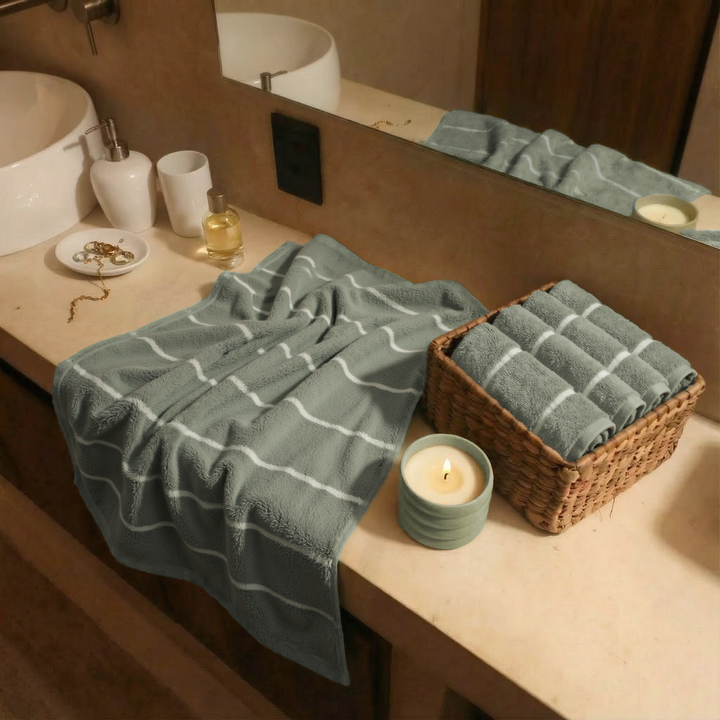 Sage-blue? sage-green cotton towels with white line pattern folded on vanity