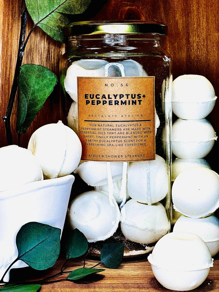 Aromatherapy shower steamer jar with Eucalyptus+Peppermint tablets