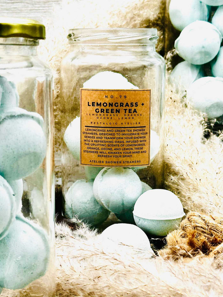 Aromatherapy shower steamer jar with Lemongrass + Green Tea tablets