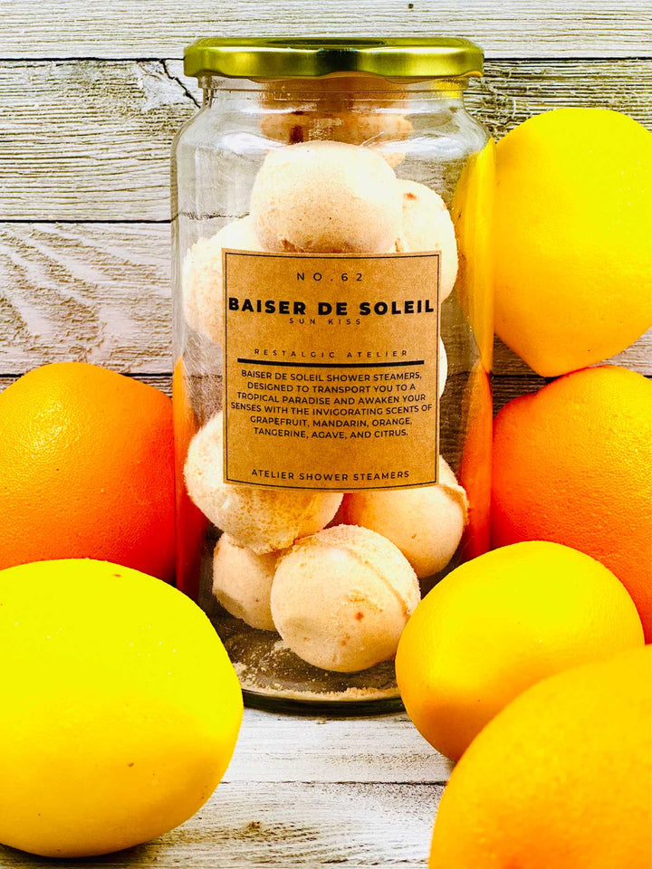 Aromatherapy shower steamer jar with Baiser De Soleil tablets