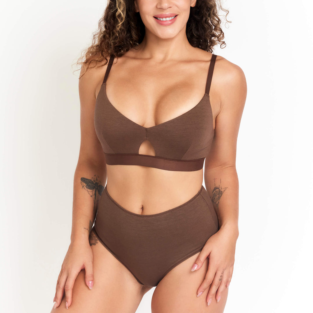 High-rise brief underwear in chocolate brown, front view with high waist and cutout