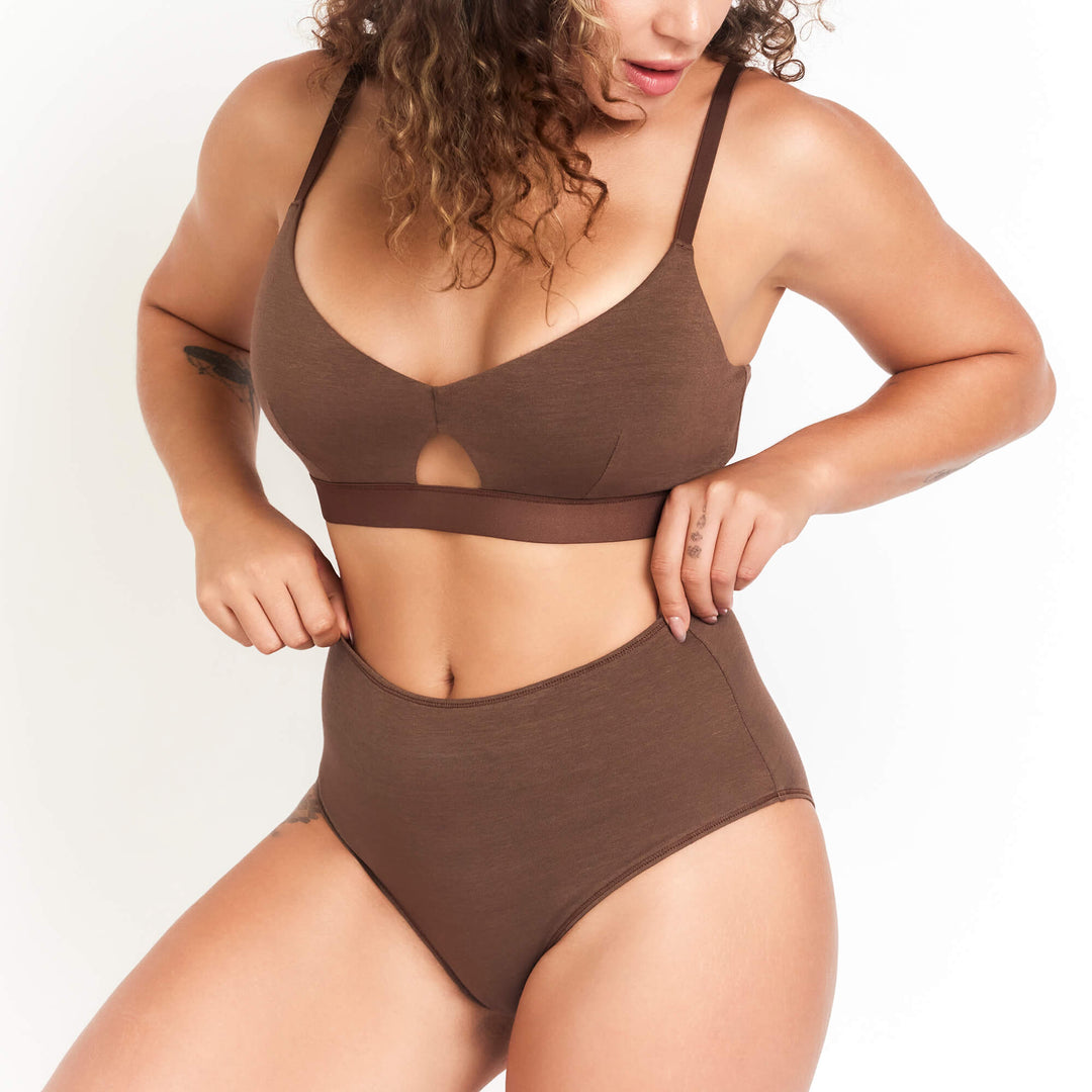 High-rise brief underwear in chocolate brown with front cutout opening and smooth waist