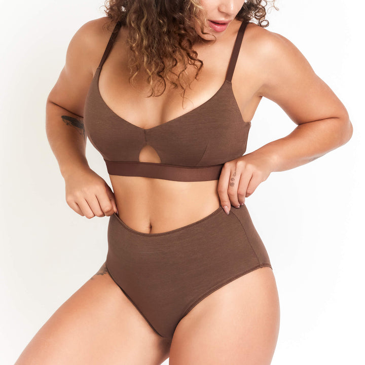 High-rise brief underwear in chocolate brown with front cutout opening and smooth waist