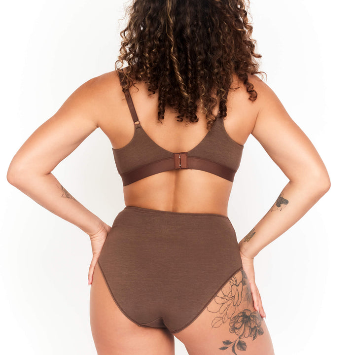 High-rise brief underwear in chocolate brown, back view with full coverage