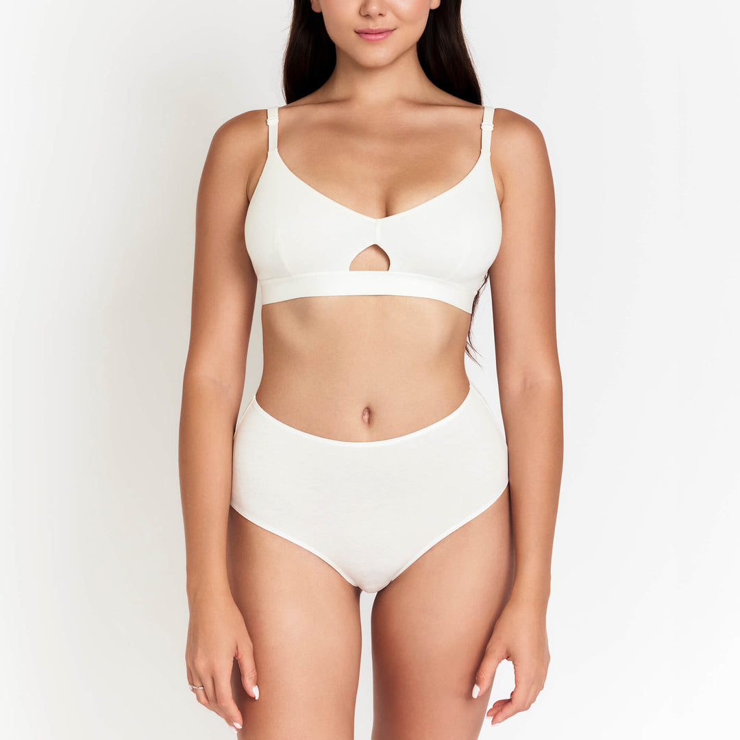 High-rise brief underwear in white, front view with high waist and smooth sides.