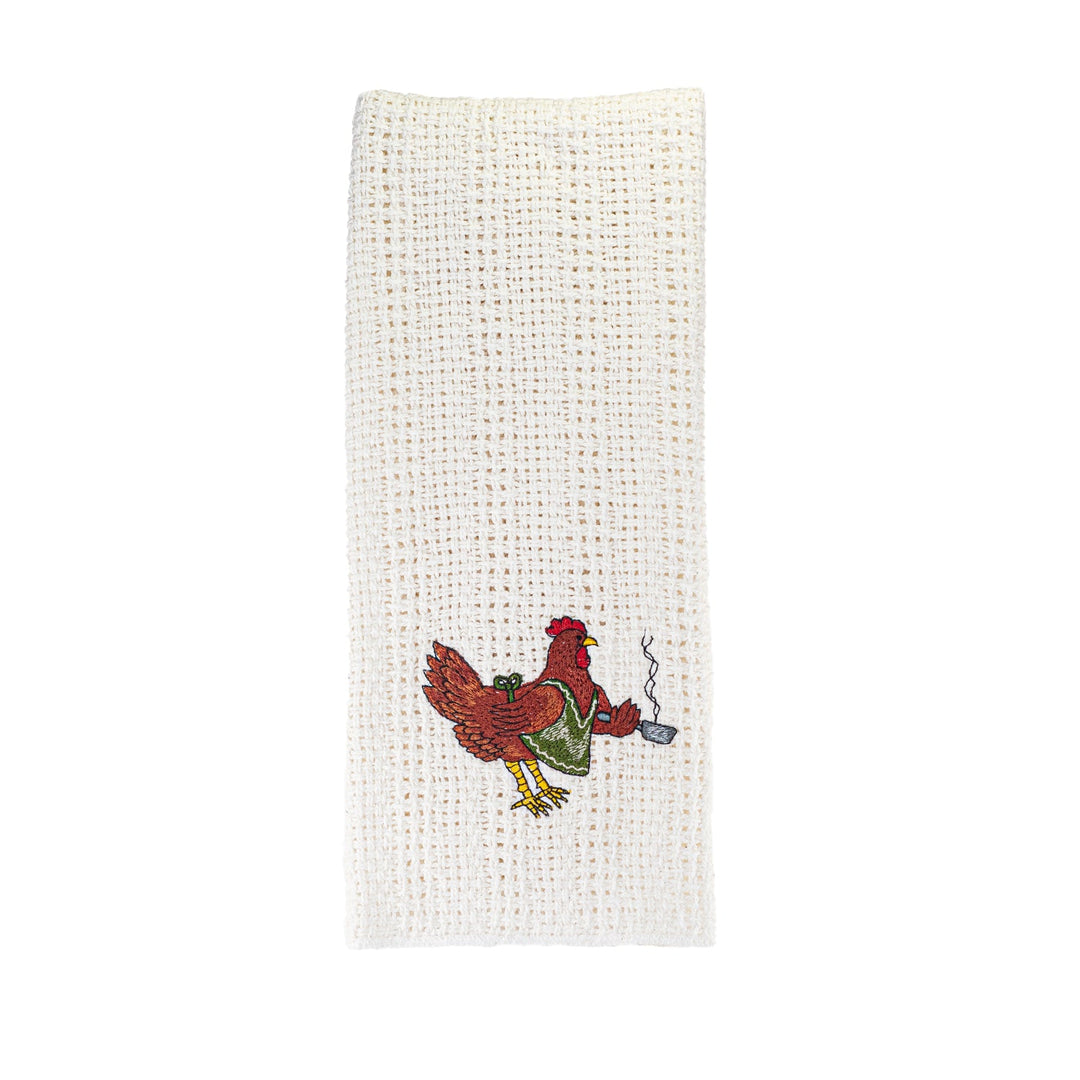 Off-white cotton kitchen towel with red-and-green rooster embroidery