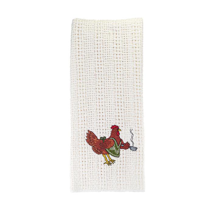Off-white cotton kitchen towel with red-and-green rooster embroidery