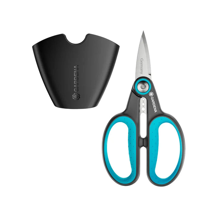 Herb scissors set with black protective cover and turquoise grip handles