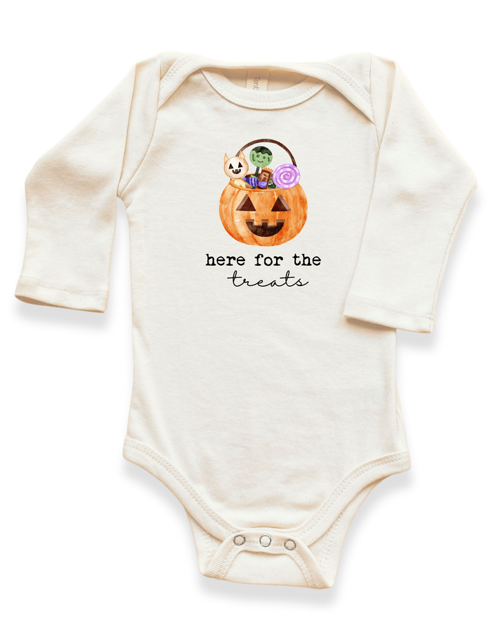 Cream long-sleeve organic cotton bodysuit with candy bucket graphic and crotch snaps