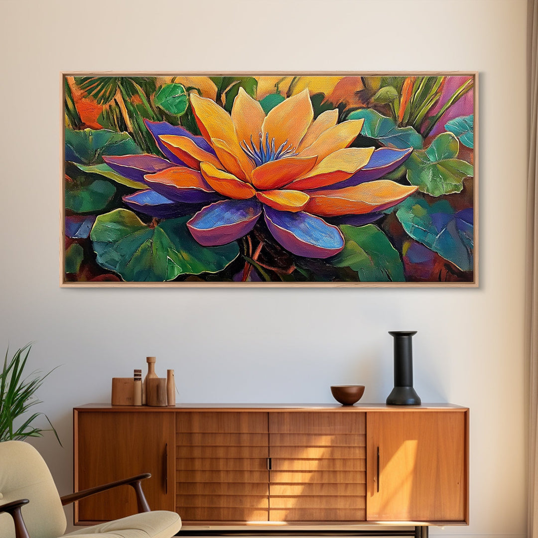 Lotus Bloom, Garden, Art, Framed Canvas Print, Vibrant lotus flower artwork, zen boho decor, meditation room or bathroom wall art