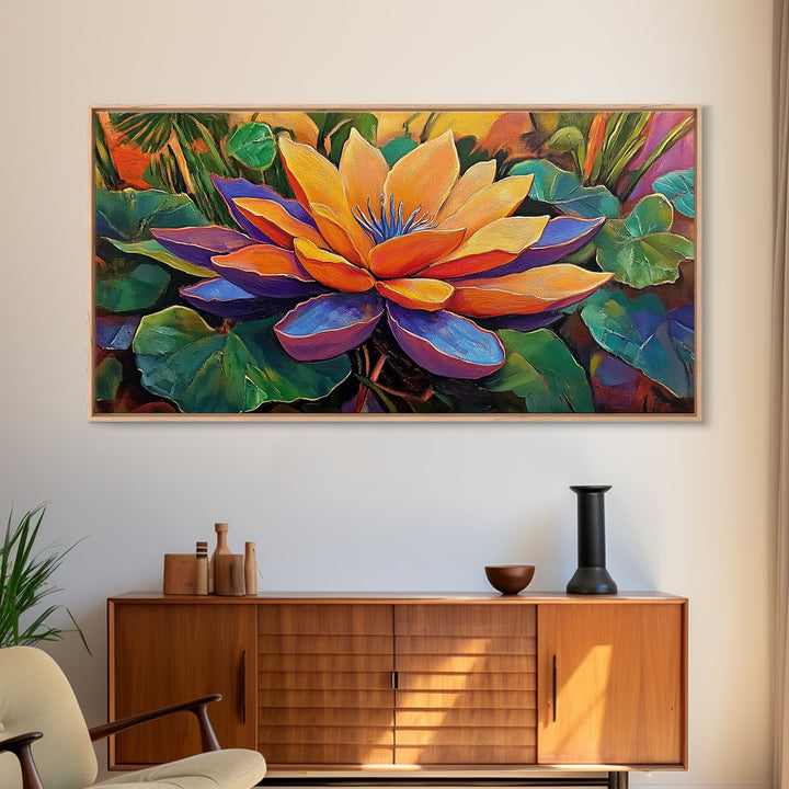 Lotus Bloom, Garden, Art, Framed Canvas Print, Vibrant lotus flower artwork, zen boho decor, meditation room or bathroom wall art