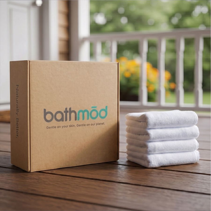 bathmod four-pack organic bath mats, folded white mats beside branded box