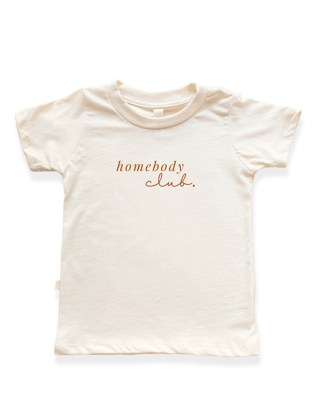 Kids organic t-shirt, off-white crew neck, 'homebody club.' front print
