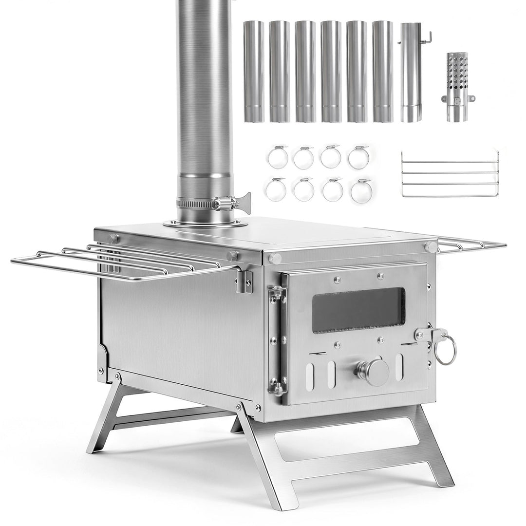Portable wood-burning tent stove, stainless steel body with chimney pipe and legs