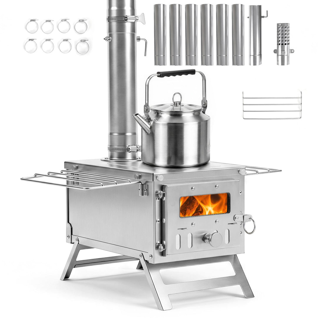 Portable wood-burning tent stove with chimney pipes, glowing firebox, and kettle