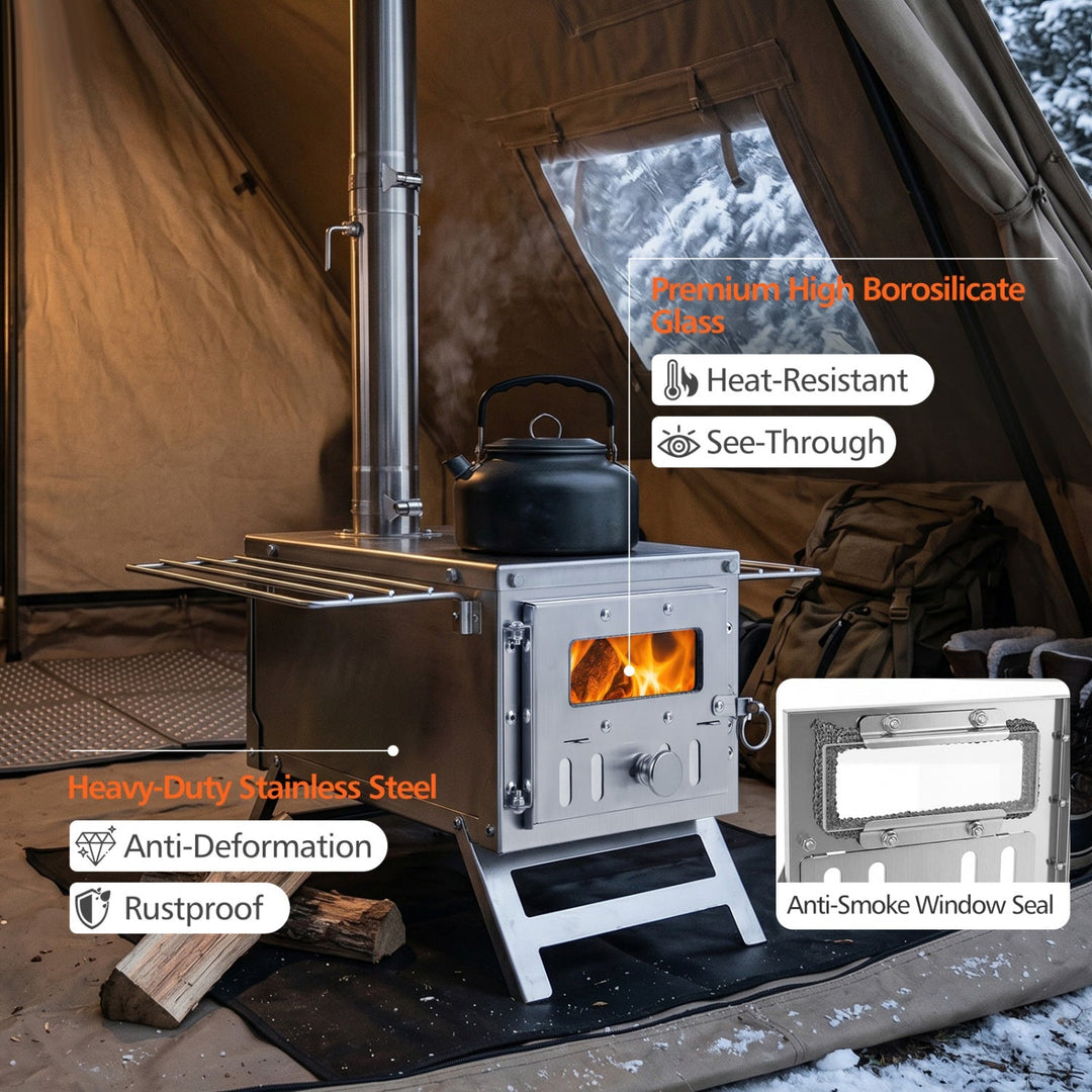 Portable tent wood stove with open firebox, chimney pipe, and kettle on top