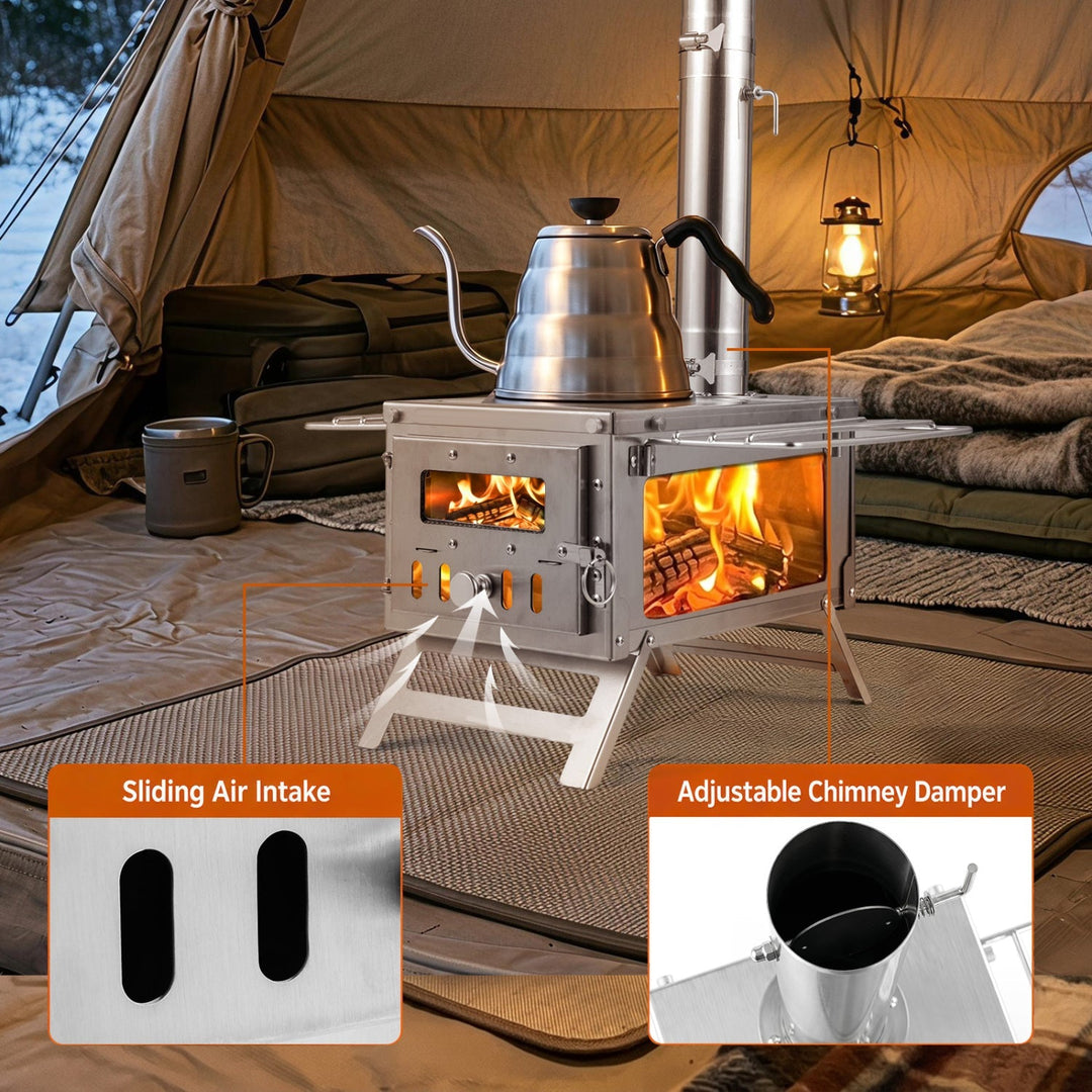 Portable tent wood stove with kettle, glowing firebox, sliding air intake, and damper