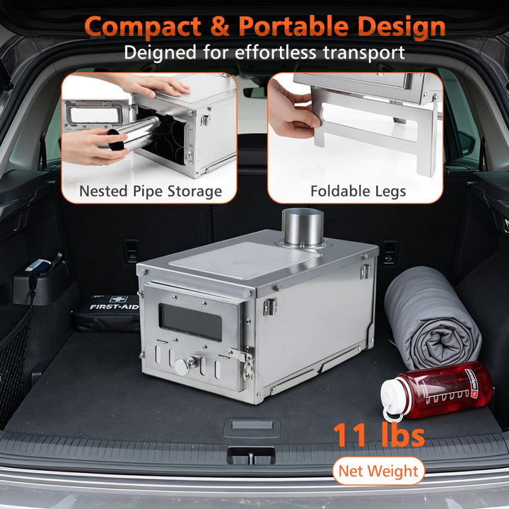 Compact portable wood-burning tent stove with folded legs and nested pipe storage