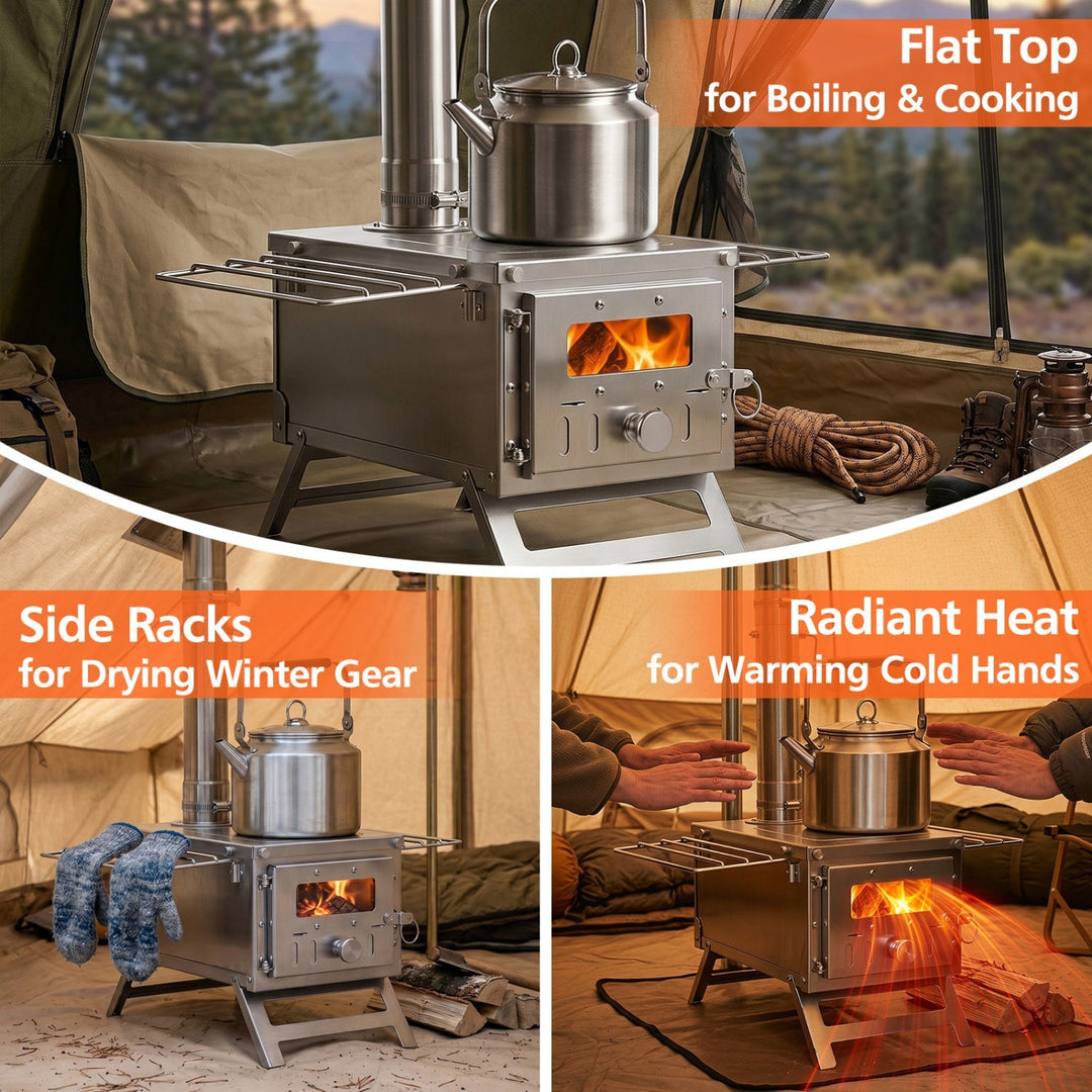 Portable tent wood stove with kettle, flat top, and side racks for camping gear