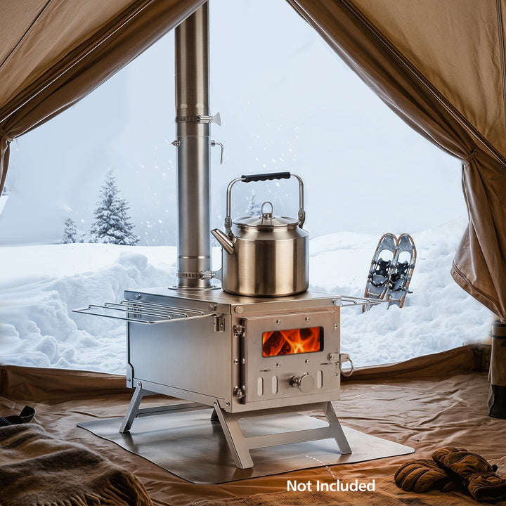 Portable stainless steel wood-burning tent stove with front firebox and side racks