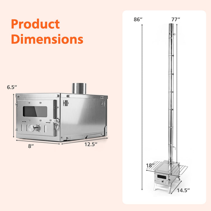 Wood-burning tent stove dimensions diagram with chimney pipe and base stand