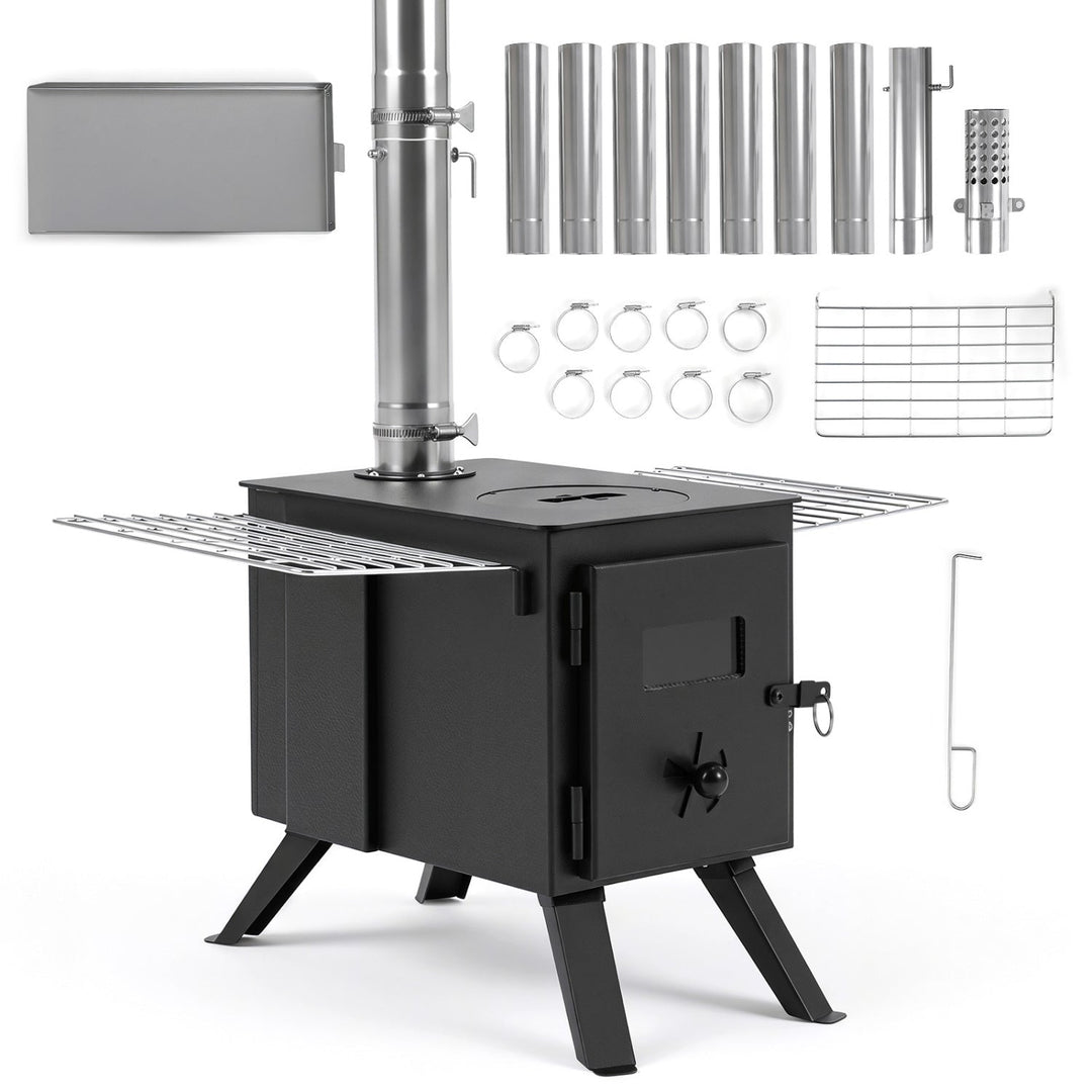 Black wood stove with front door, flat top, and included chimney pipe sections