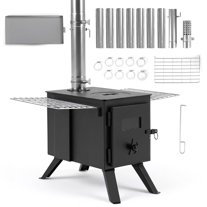 Black wood stove with front door, flat top, and included chimney pipe sections