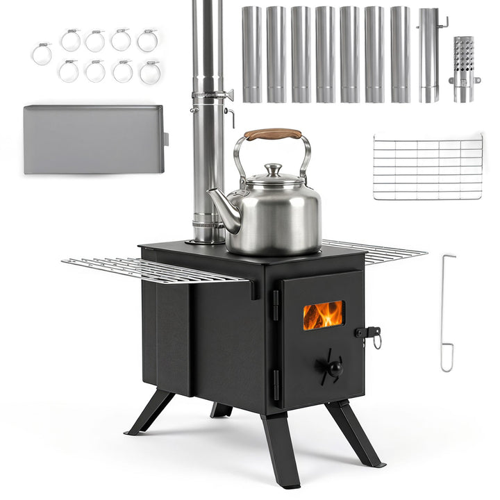 Black wood-burning stove with burning fire, chimney stack, and metal kettle on top