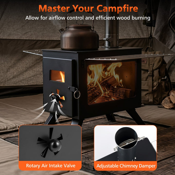 Black wood-burning stove with burning fire and front rotary air intake valve