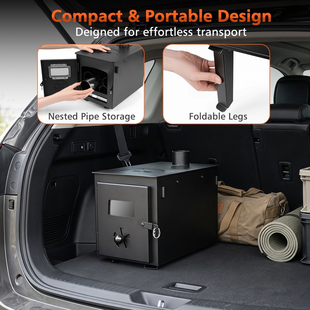 Compact black wood stove with foldable legs and chimney pipe stack in a car trunk