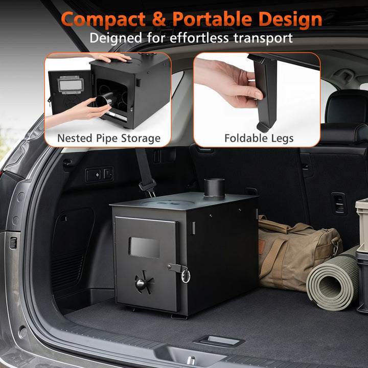 Compact black wood stove with foldable legs and chimney pipe stack in a car trunk