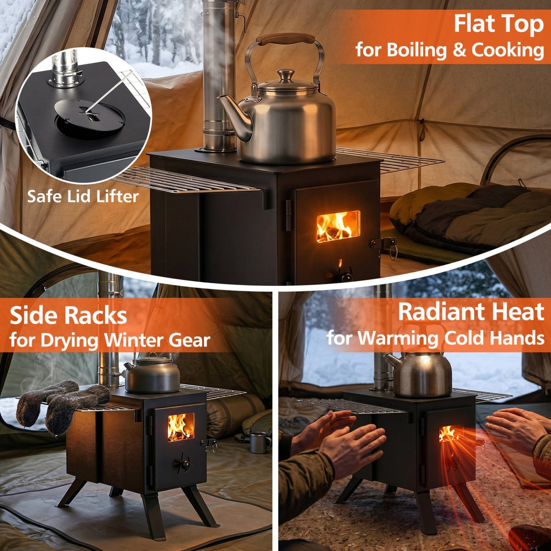 Black wood stove with flat top, side racks, and burning fire with kettle on top