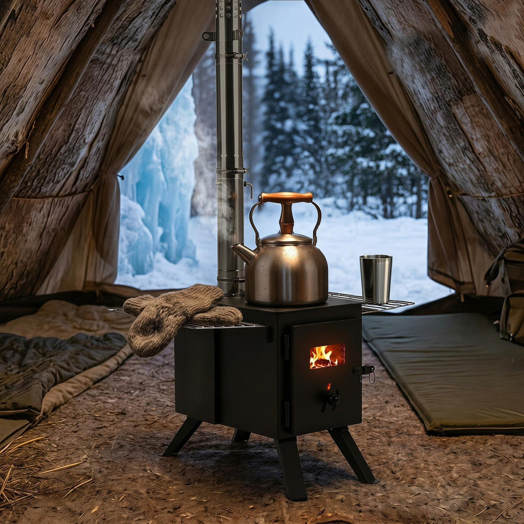 Black wood-burning stove with glass door, burning fire, and vertical chimney pipe stack