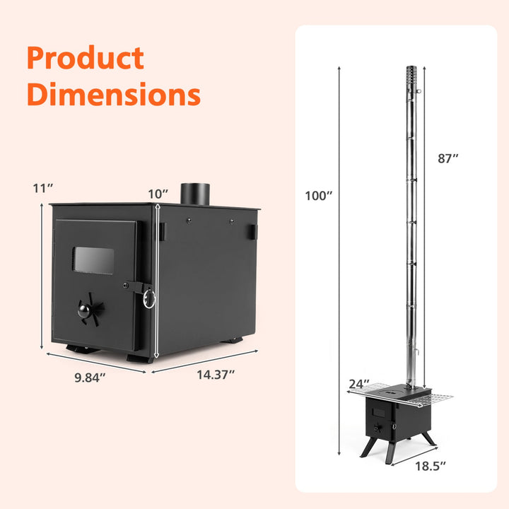 Black wood stove with chimney stack and front door, shown on a dimension diagram