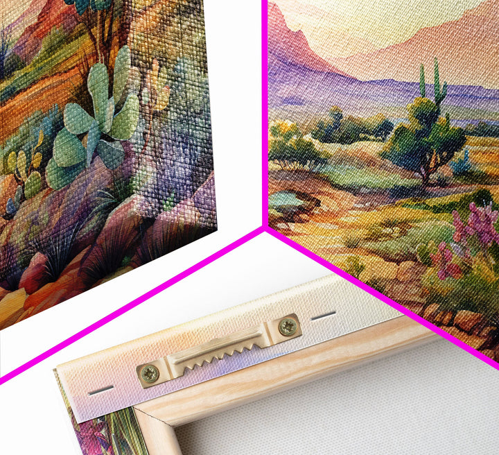 Southwestern Desert Landscape Print, Floral Print, Framed Canvas Art, Vibrant Cactus Desert Art, Mid-Century Modern, Pastel Desert Art