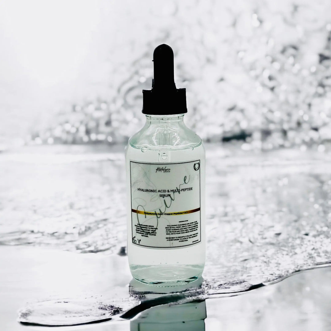 Hyaluronic acid serum bottle with pipette dropper, clear glass, label on front